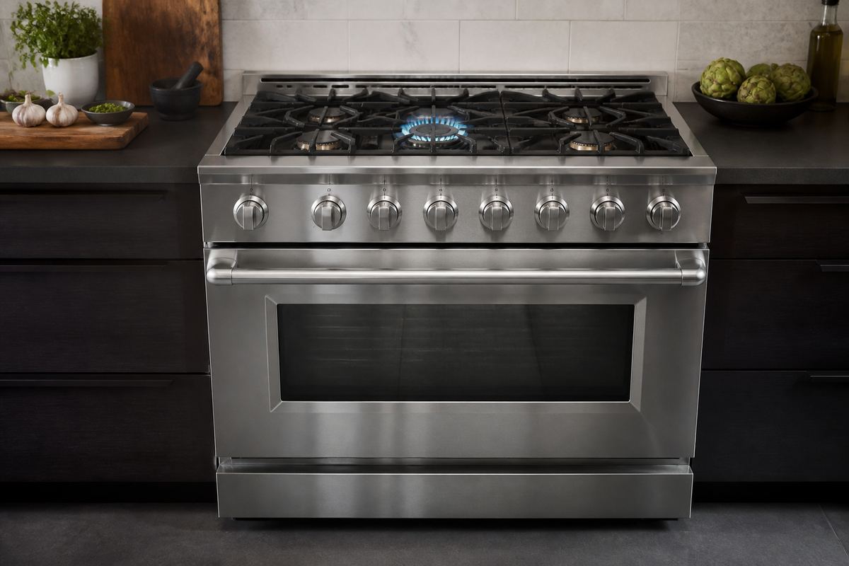 Gas cooking range with oven